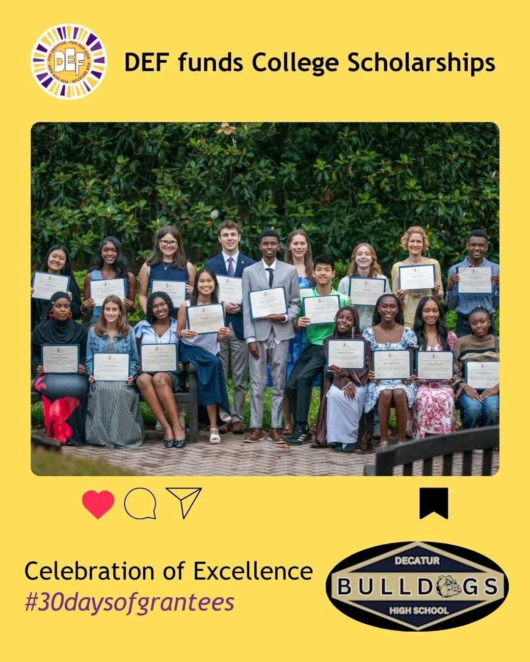 Thanks to the generous donors in our community, Decatur Education Foundation awards college scholarships to graduating Decatur High School seniors and to CSD teachers seeking to further their own education.

The first DEF college scholarship was awar