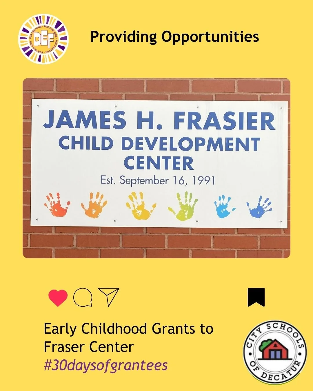 DEF is honored to support early childhood learning opportunities at the Frasier Center for families who live in the Decatur Housing community and for Decatur High School students with infants. In FY 2025-26 we provided more than $50,000 in funds to s