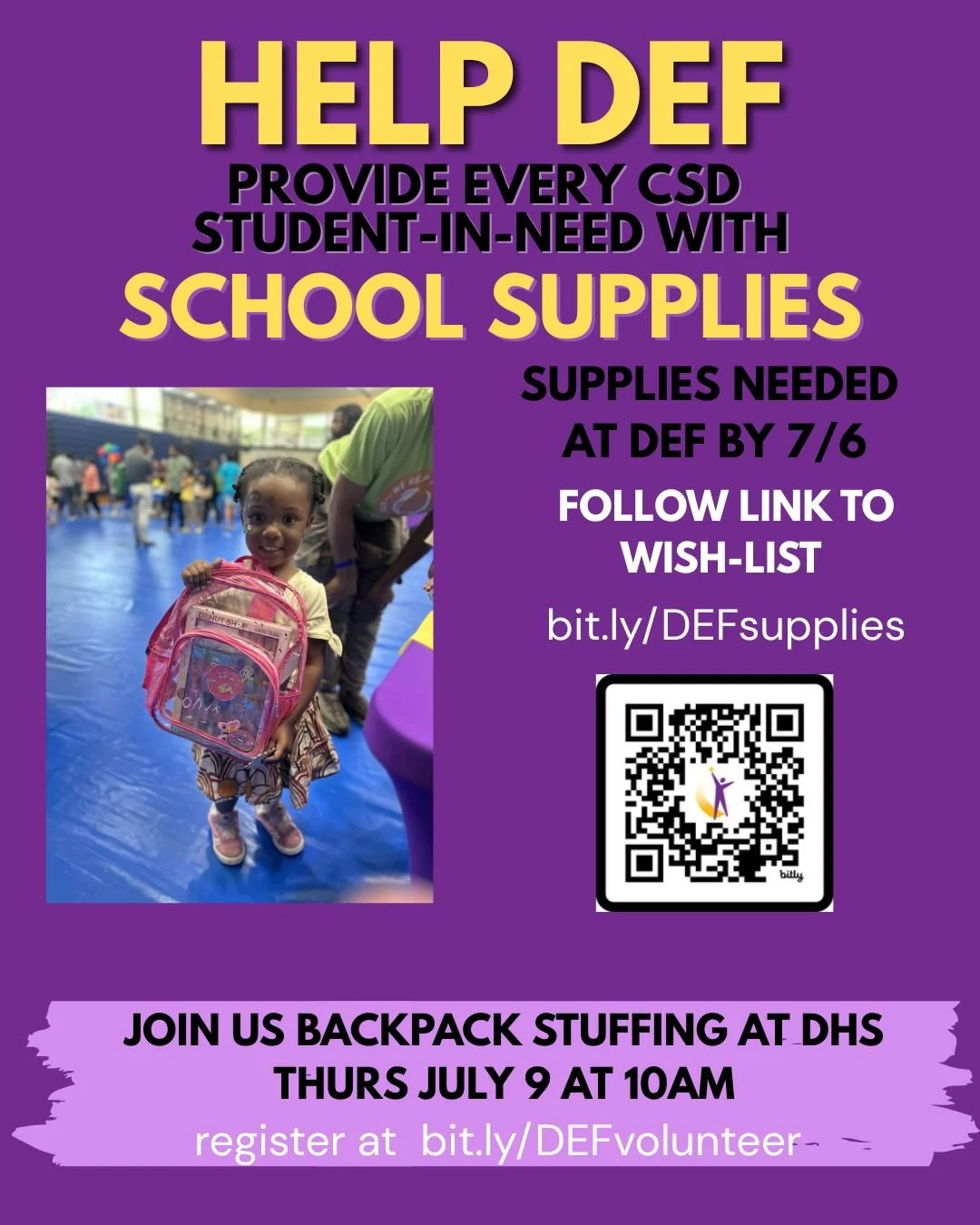 Thank you to those who have already supported our school supply drive! Please continue to shop the wish list at bit.ly/DEFsupplies . There are some prime sales to help your $ go further. We are also looking for any available friends to join us on Jul