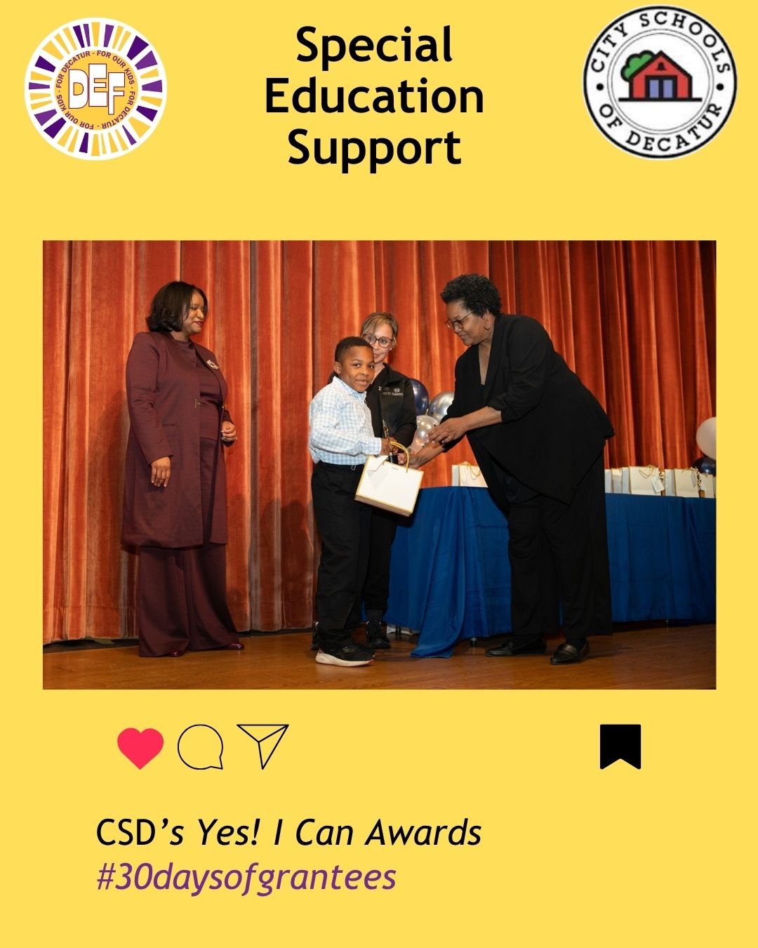 DEF is proud to support , the annual "Yes, I Can!" Awards hosted by the Student Support Services team from @cityschoolsofdecatur The ceremony gathered families and dedicated support staff from all grade levels to honor and showcase the acco