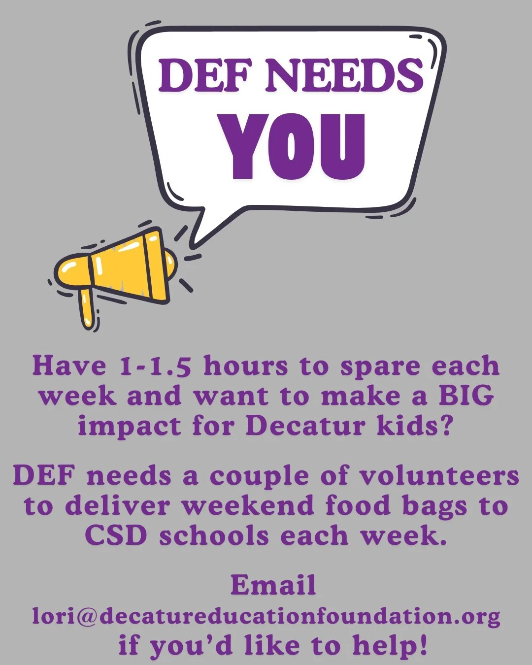 Please consider being a part of DEF's Lighten the Load program! Email DEF Programs Manager, Lori Heemann for more information about this opportunity. lori@decatureducationfoundation.org