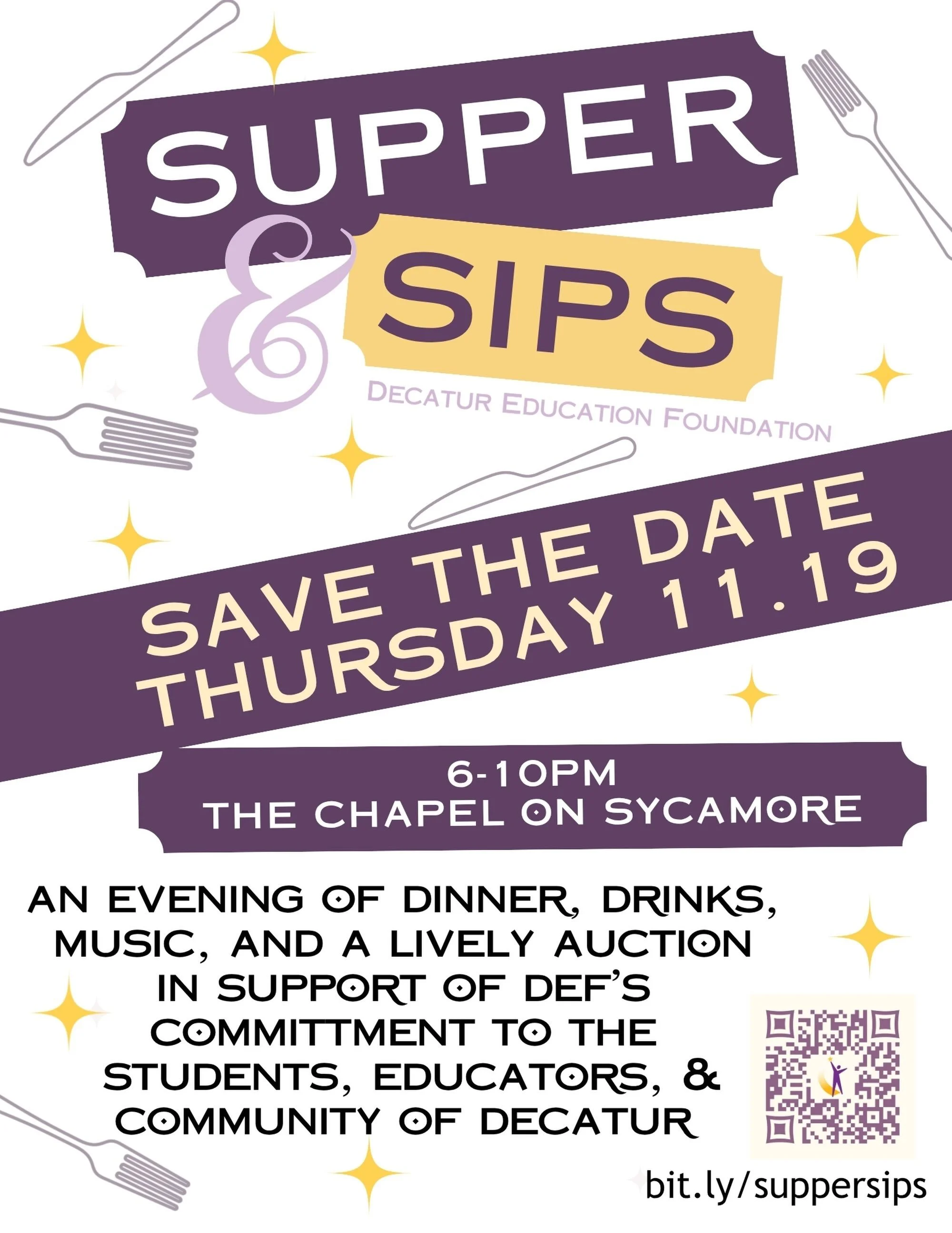 📆 Mark your calendars! 📆

Supper &amp; Sips returns on Thursday, November 19th at The Chapel on Sycamore!

Join us for a FUN night that has REAL impact. Because every Decatur student, in every Decatur school, deserves a community behind them. 💜

M