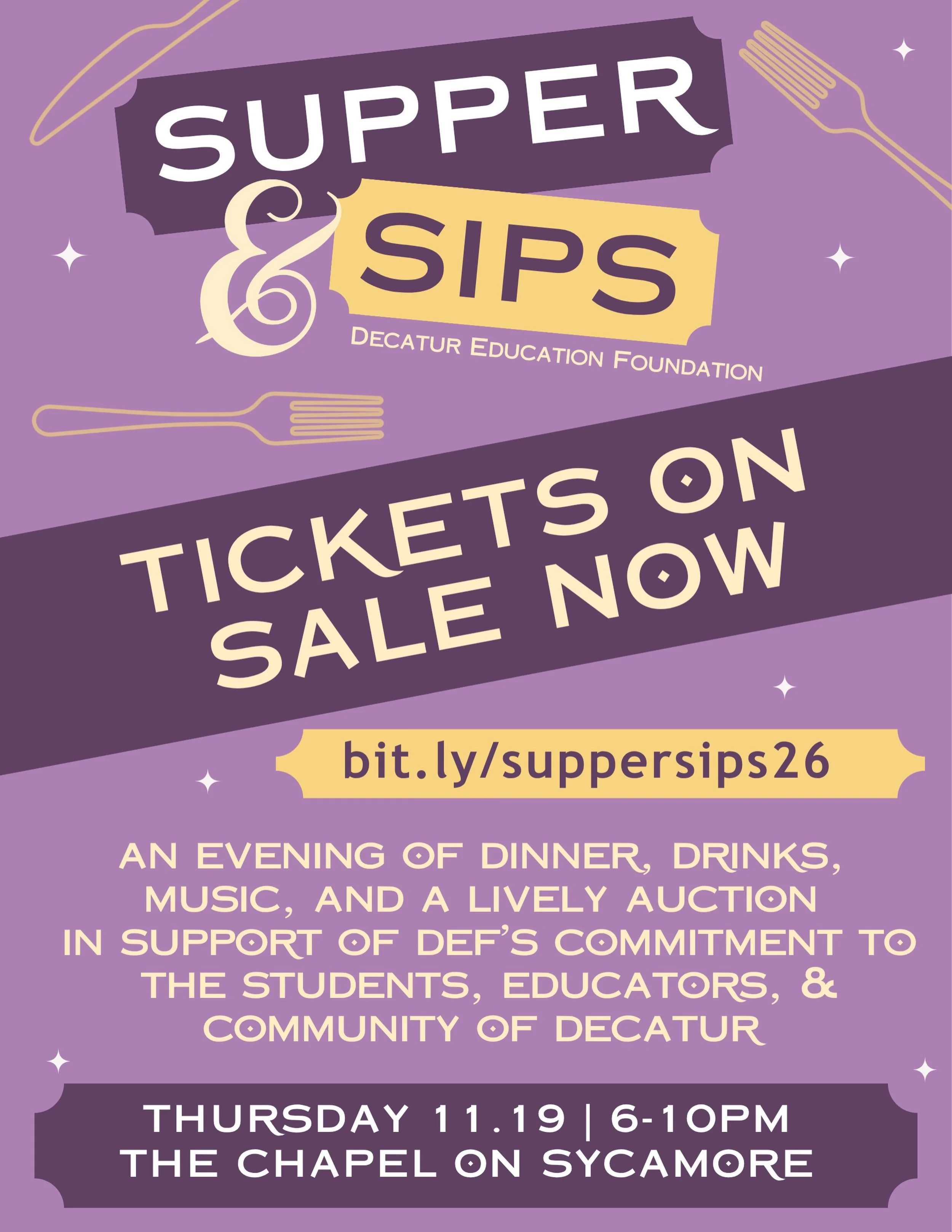 Pull up a chair, Decatur! 🍽️Tickets for Supper &amp; Sips are officially on sale!

Join us Thursday, November 19th from 6-10pm at The Chapel on Sycamore for an evening of dinner, drinks, music, and a lively auction, all in support of the students, e