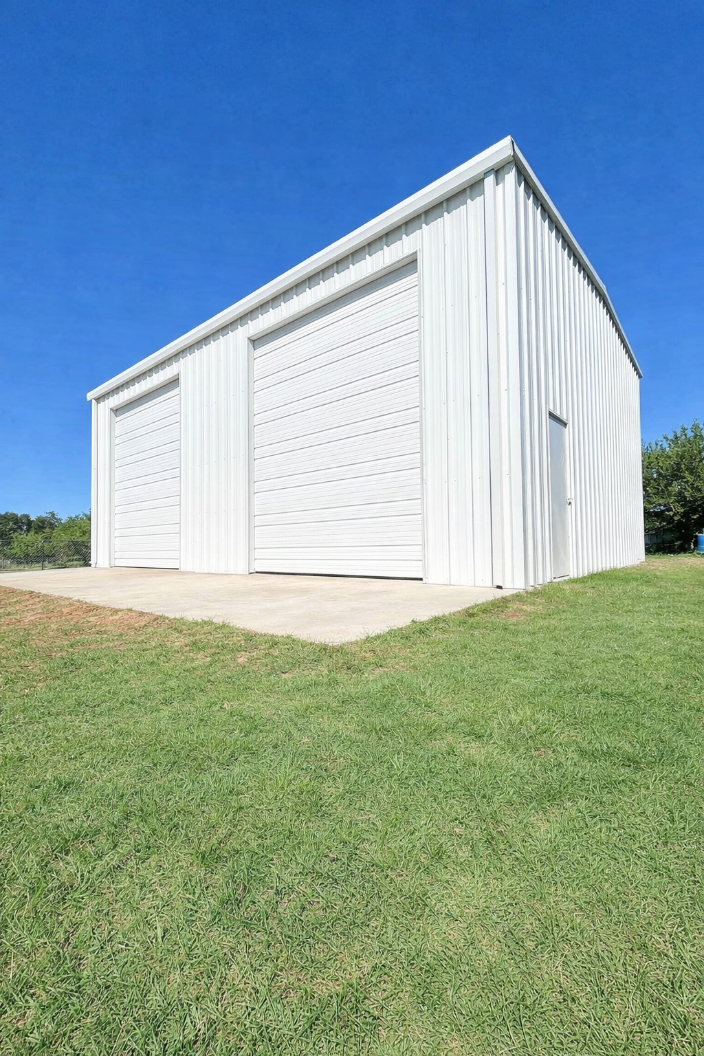 A white metal building with two large roll-up garage doors and a smaller side door, built by Spillers Metal Buildings.