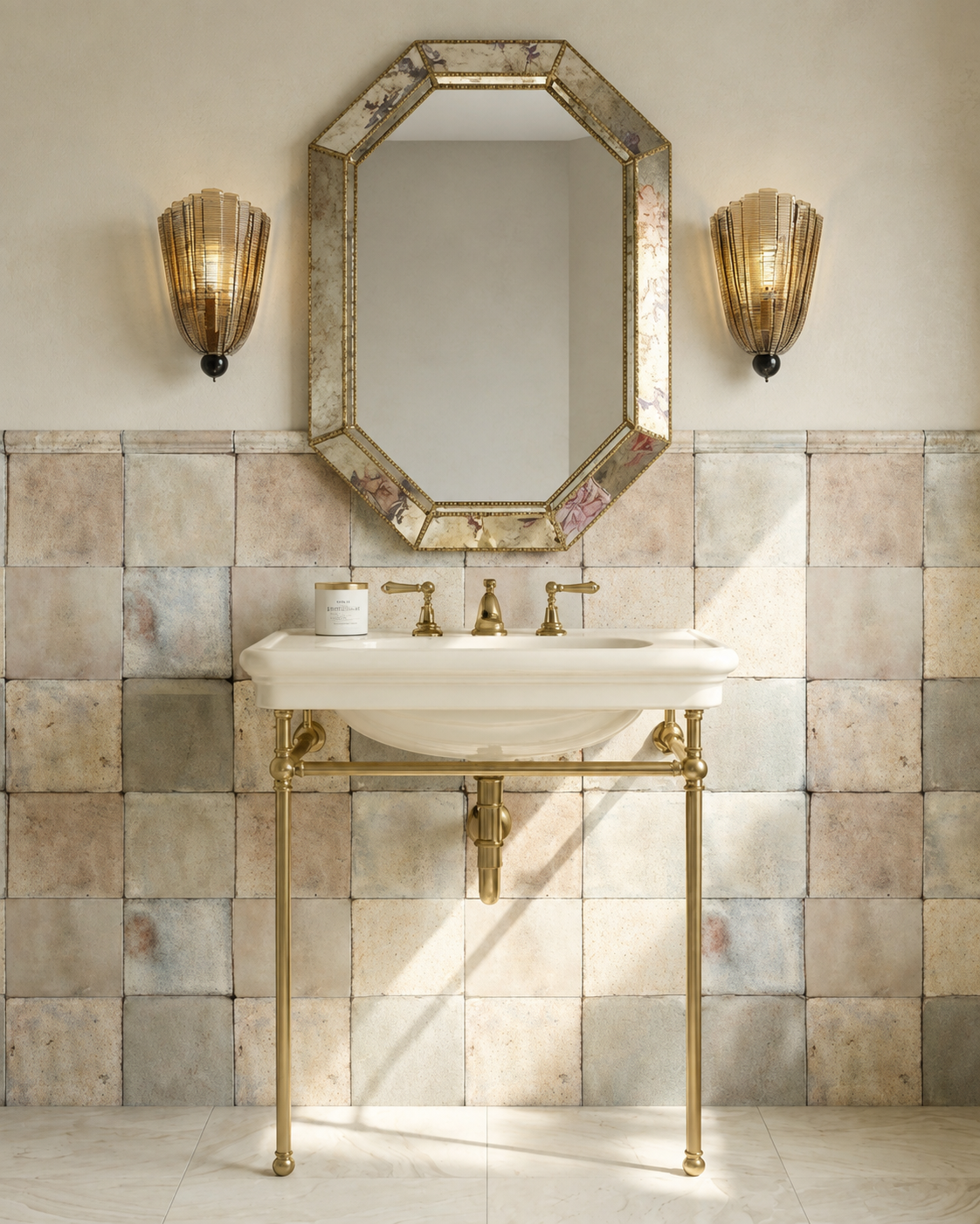 A bathroom with a gold-framed mirror, wall-mounted gold sconces, a white sink with gold fixtures, and tiled walls.