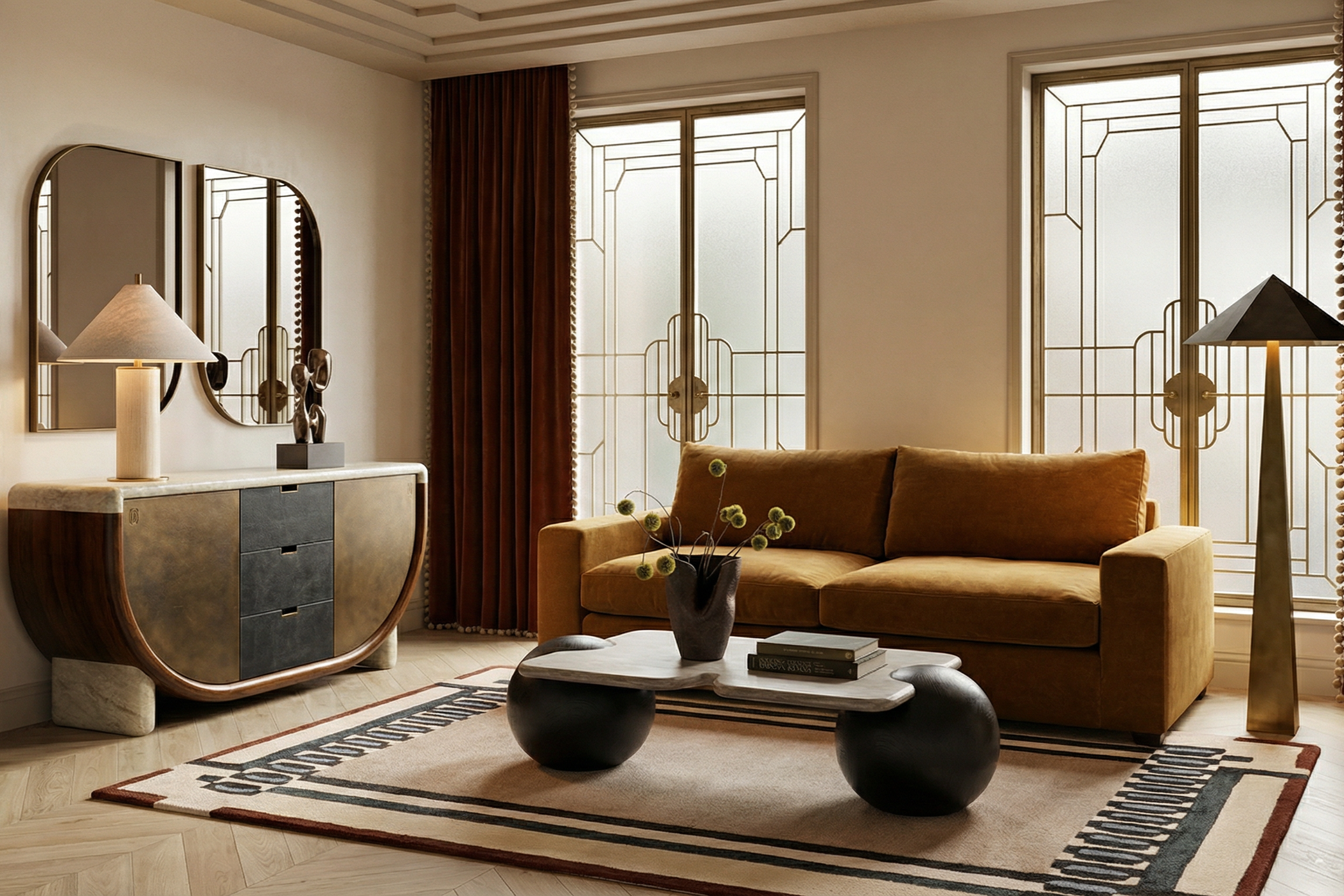 Living room with beige and brown color scheme, featuring large windows with stained glass design, a mustard yellow sofa, black and beige umbrella-shaped side lamps, decorative mirror and sculpture, coffee table with books, and a patterned area rug.