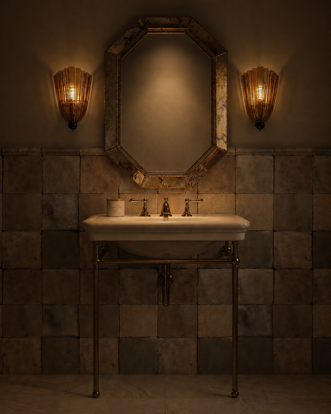 A vintage bathroom vanity with a white sink, gold fixtures, a large octagonal mirror, and two ornate wall sconces on a tiled wall with dim lighting.
