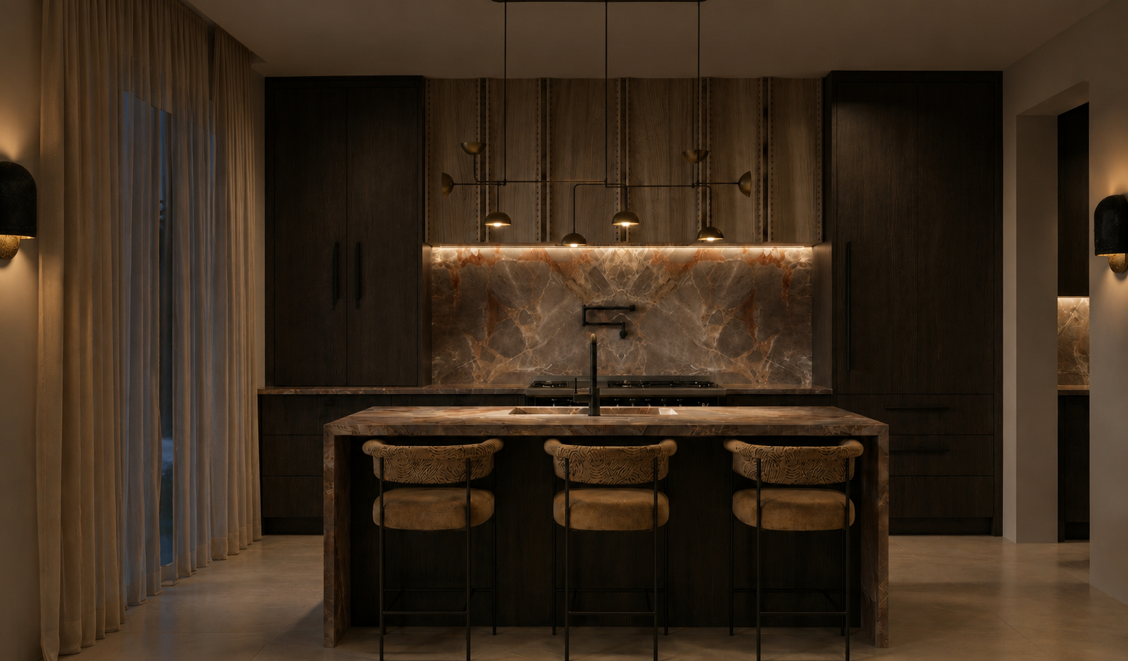 Modern kitchen with dark wood cabinets, a marble backsplash, and a marble island with three beige upholstered bar stools.