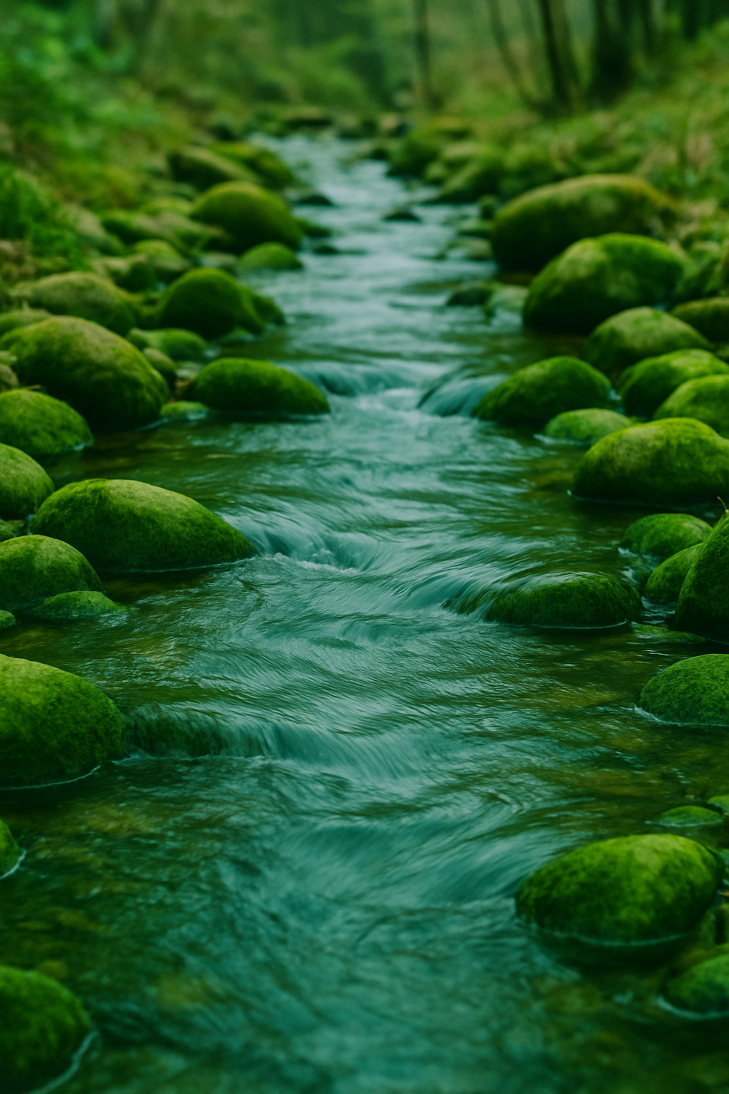 A narrow stream flowing through a forest with moss-covered rocks on both sides.