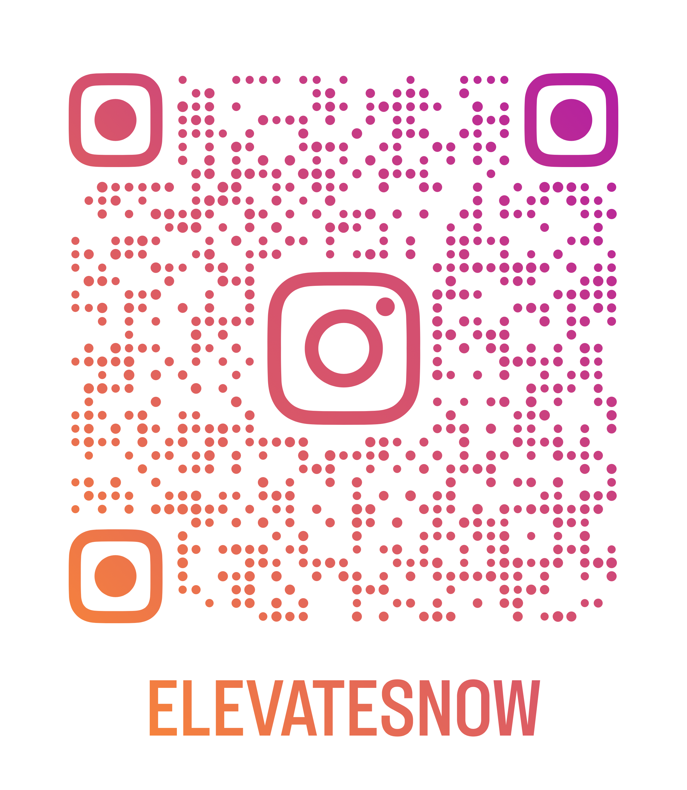 A colorful QR code with the text 'ELEVATESNOW' below it, in gradient orange and red colors.