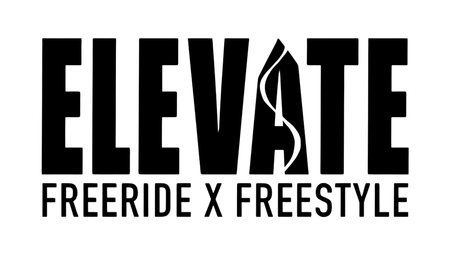 Logo for ELEVATE Freeride x Freestyle with large stylized text and a snowboard track outline in the middle of the A.