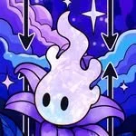 Cartoon purple and white creature with big black eyes, surrounded by blue and purple mushrooms and starry night sky.