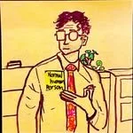 Illustration of a person with curly hair and glasses, wearing a yellow blazer and red tie, holding a phone.