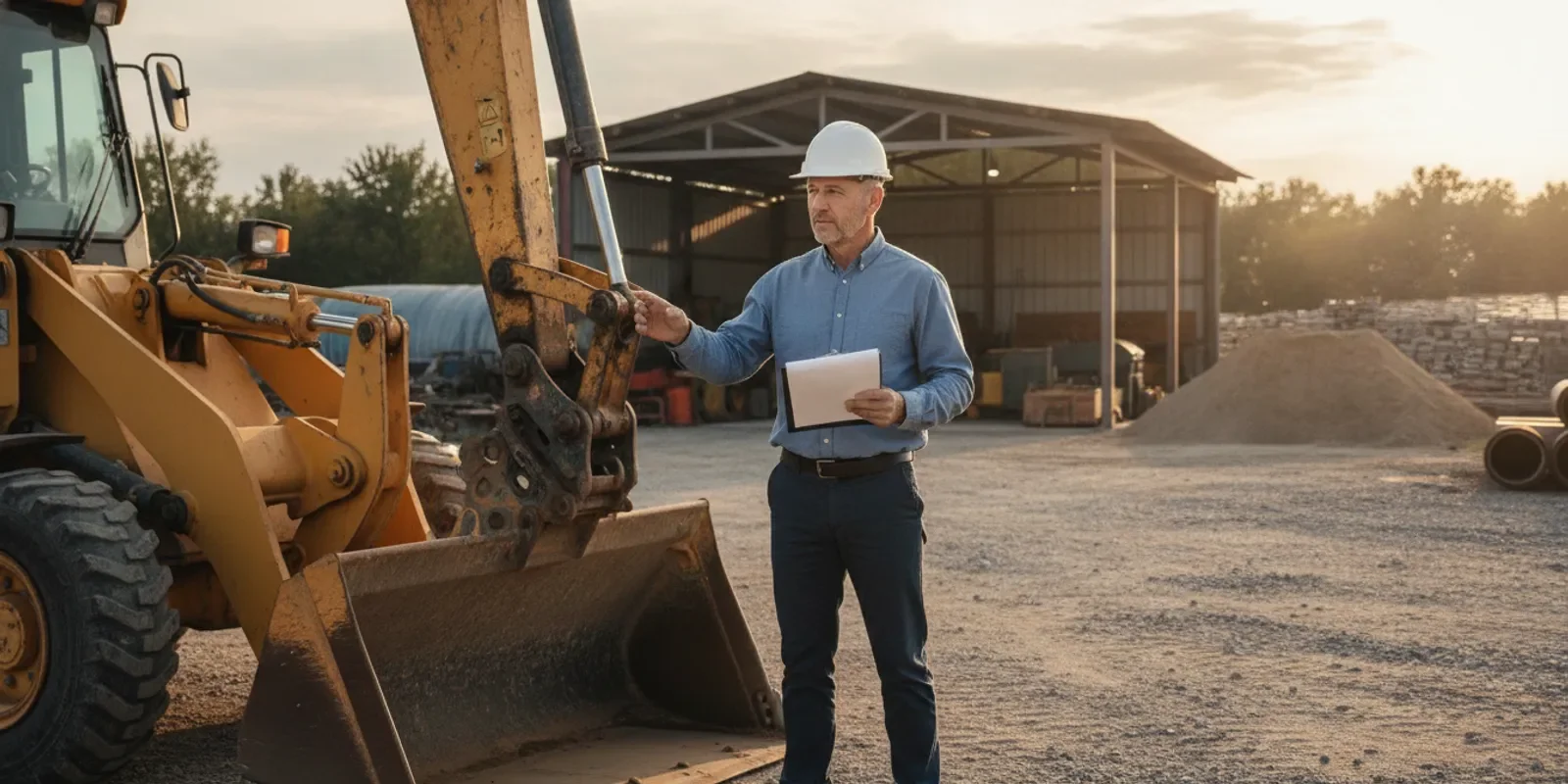 Business owner reviewing heavy equipment financing documents beside machinery on a job site