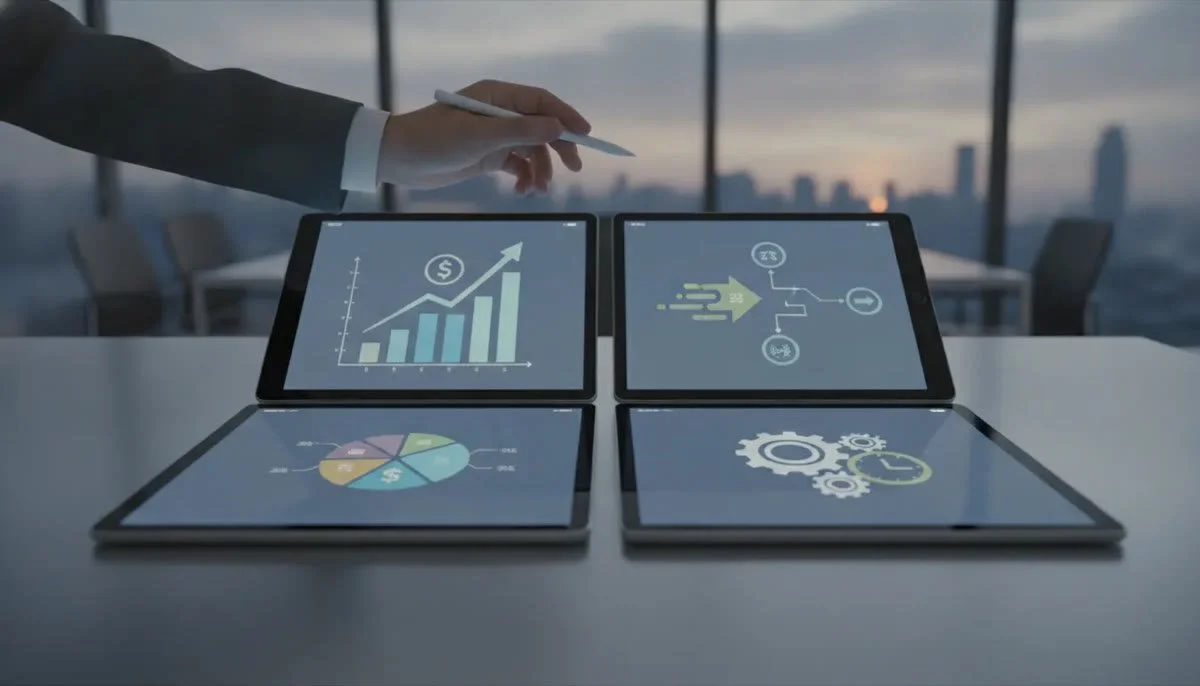 Four tablets display charts for comparing same-day business funding options.