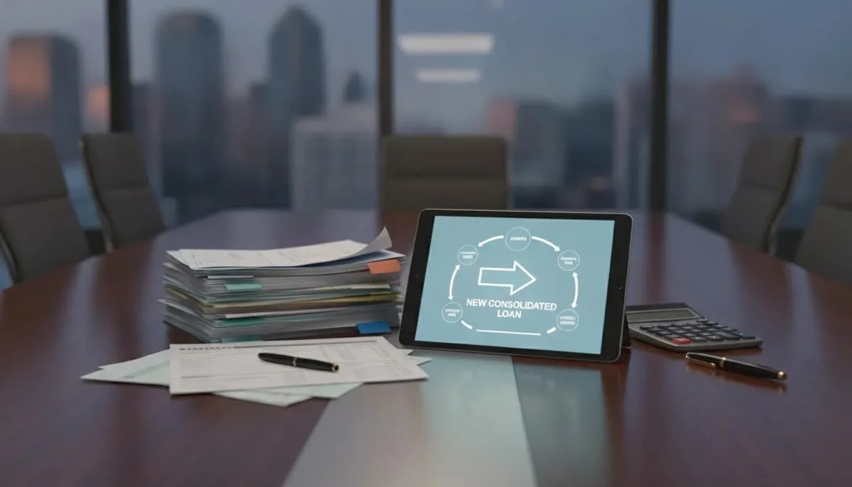 Tablet displaying a business debt consolidation loan diagram beside documents and a calculator.