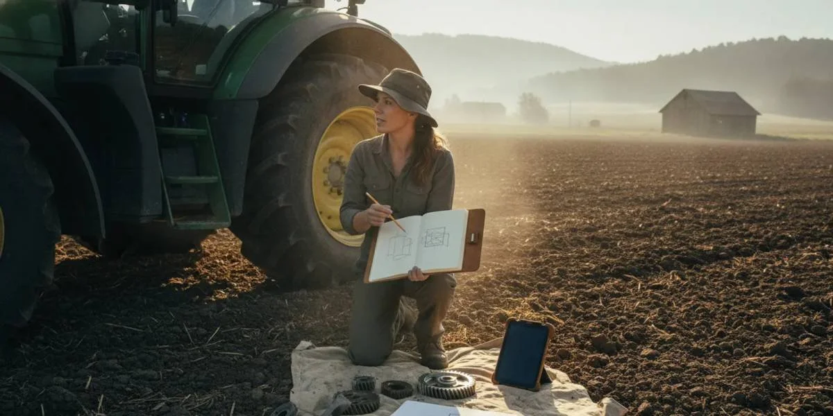 Farmer reviewing crop and equipment plans beside a tractor in a field