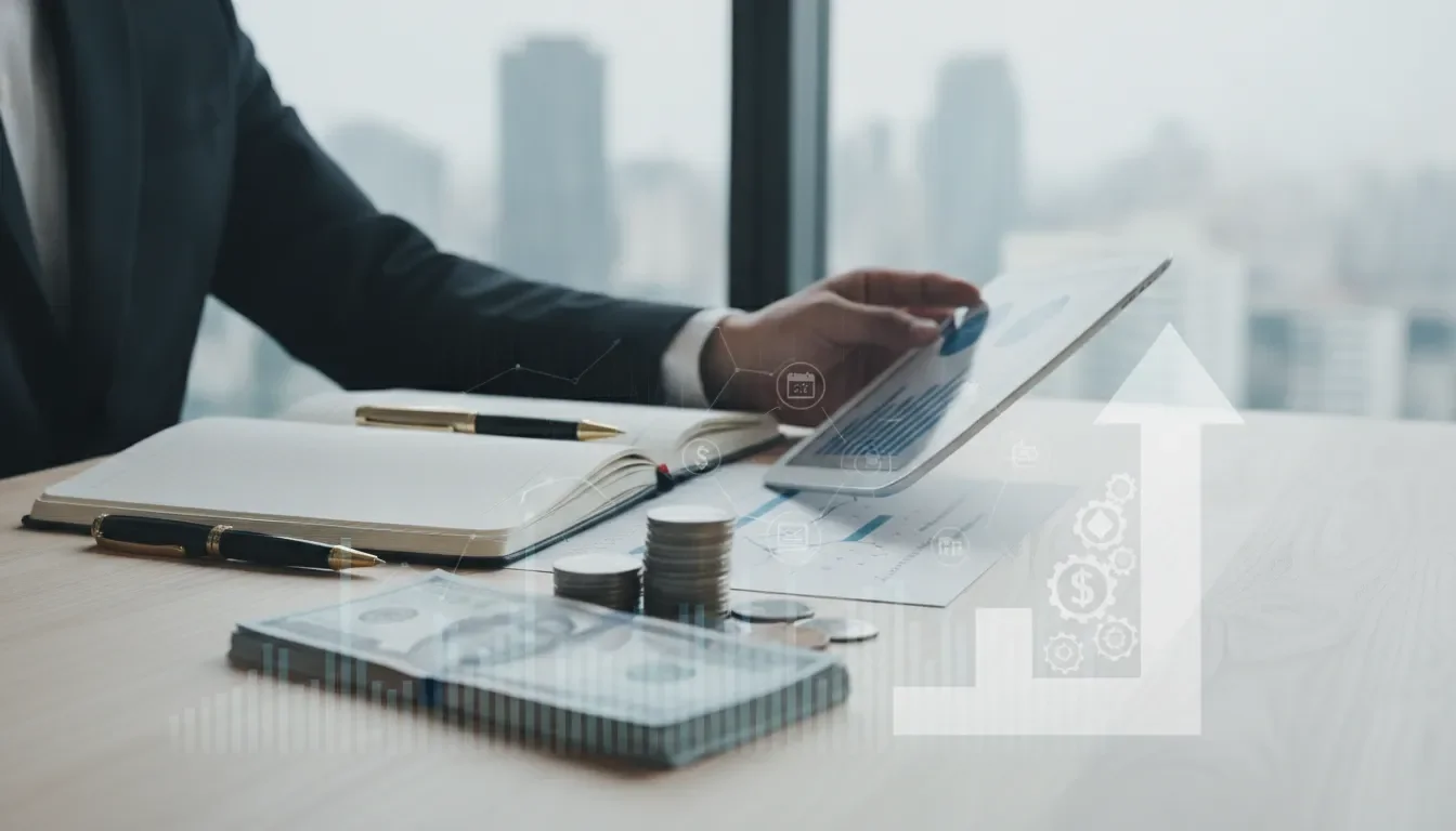 Business owner reviewing financial data on a tablet beside cash and coins for a small business working capital loan.