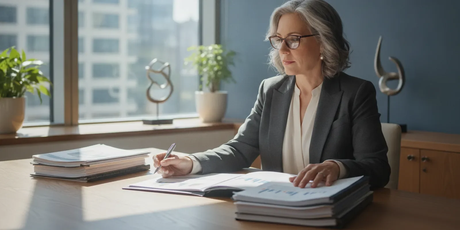 Small-business owner reviewing monthly sales reports and financing documents at a desk