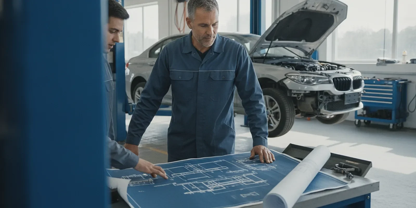 Auto repair shop owner reviewing equipment plans inside a working service bay