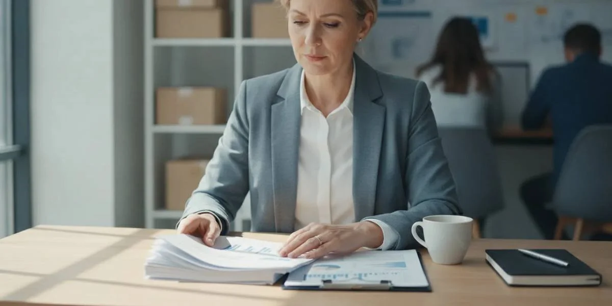 Small-business owner reviewing financing paperwork at a desk