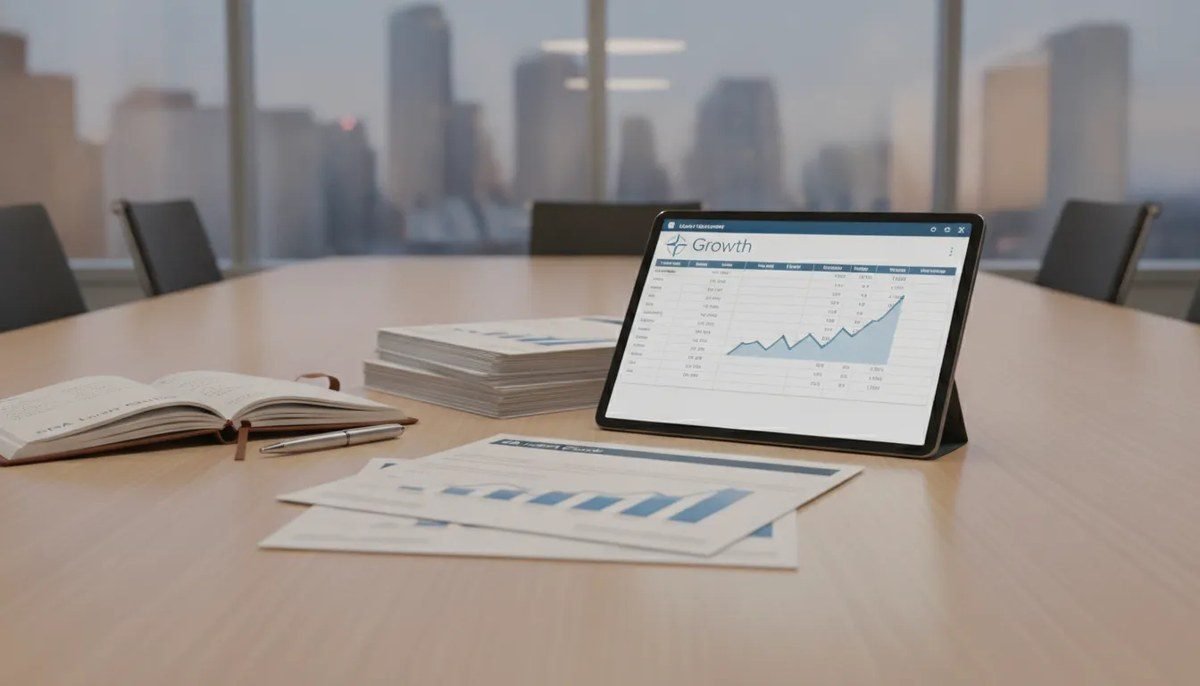 Tablet displaying an SBA loan rates and terms chart beside business documents on a conference table.