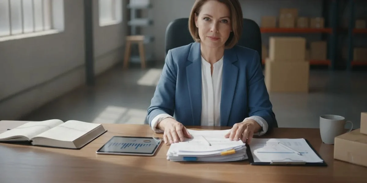 Small business owner reviewing invoices and inventory records at a desk