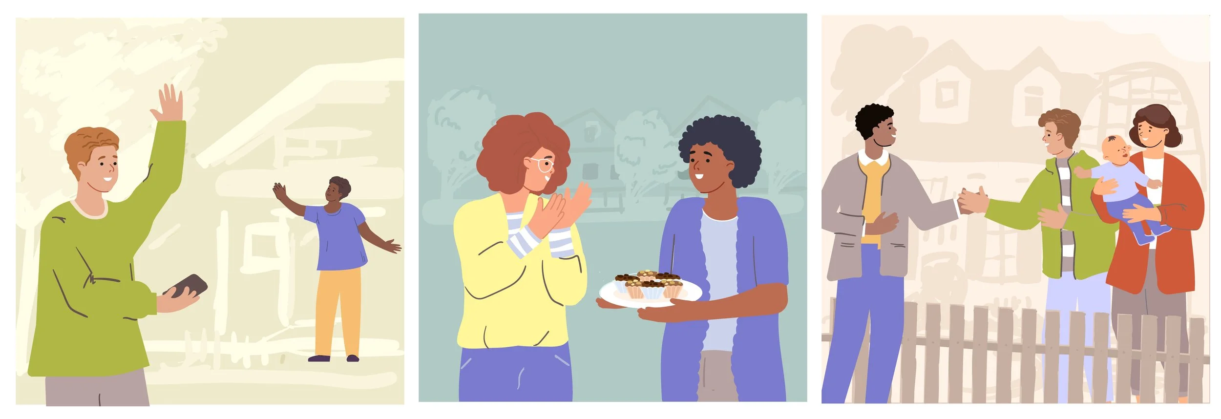 Three scenes of people engaging in social activities outdoors and at home: a young man waving and holding a phone, a woman giving high-five to another woman holding a tray of cupcakes, and a family with two children and a baby, greeting neighbors outside their house.