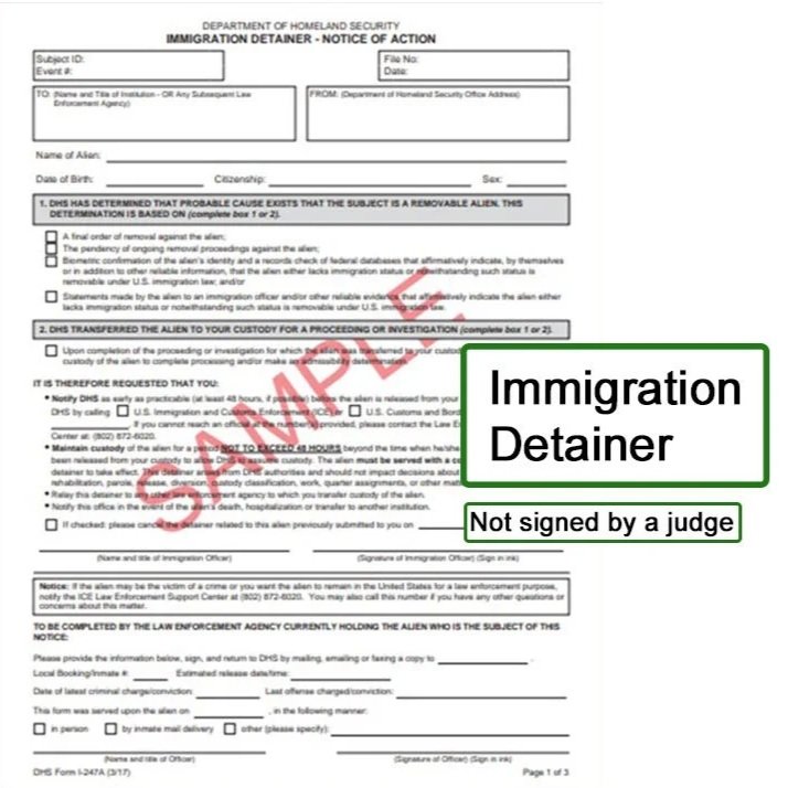 A Department of Homeland Security immigration detainer form labeled 'Not signed by a judge' with a red 'VOID' stamp across it.