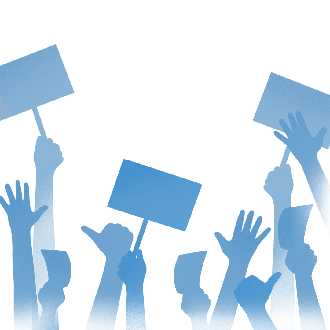 Silhouettes of multiple hands holding protest signs and raising fists in the air.