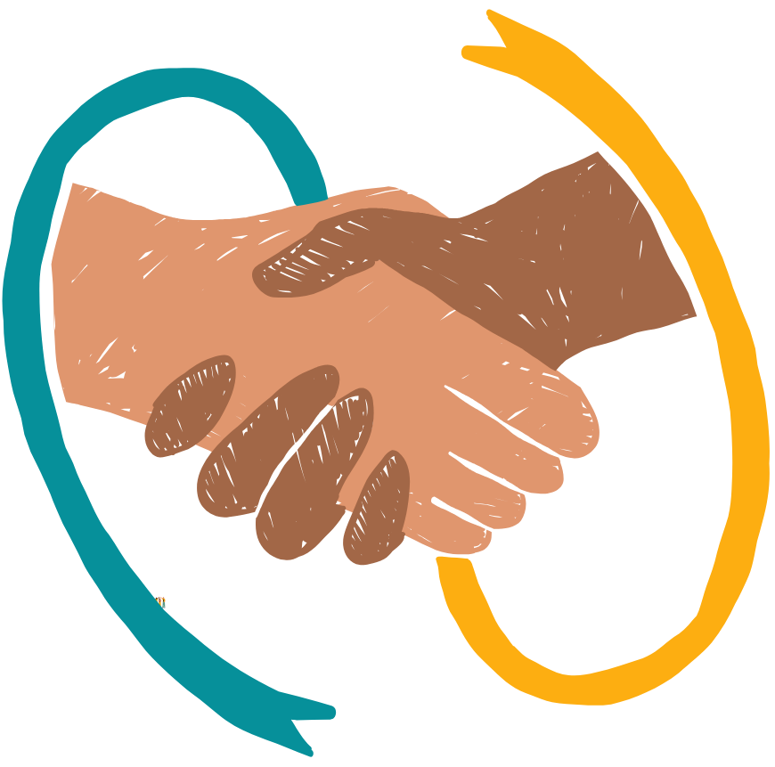 Illustration of two hands shaking, with a blue and yellow heart-shaped border surrounding them.