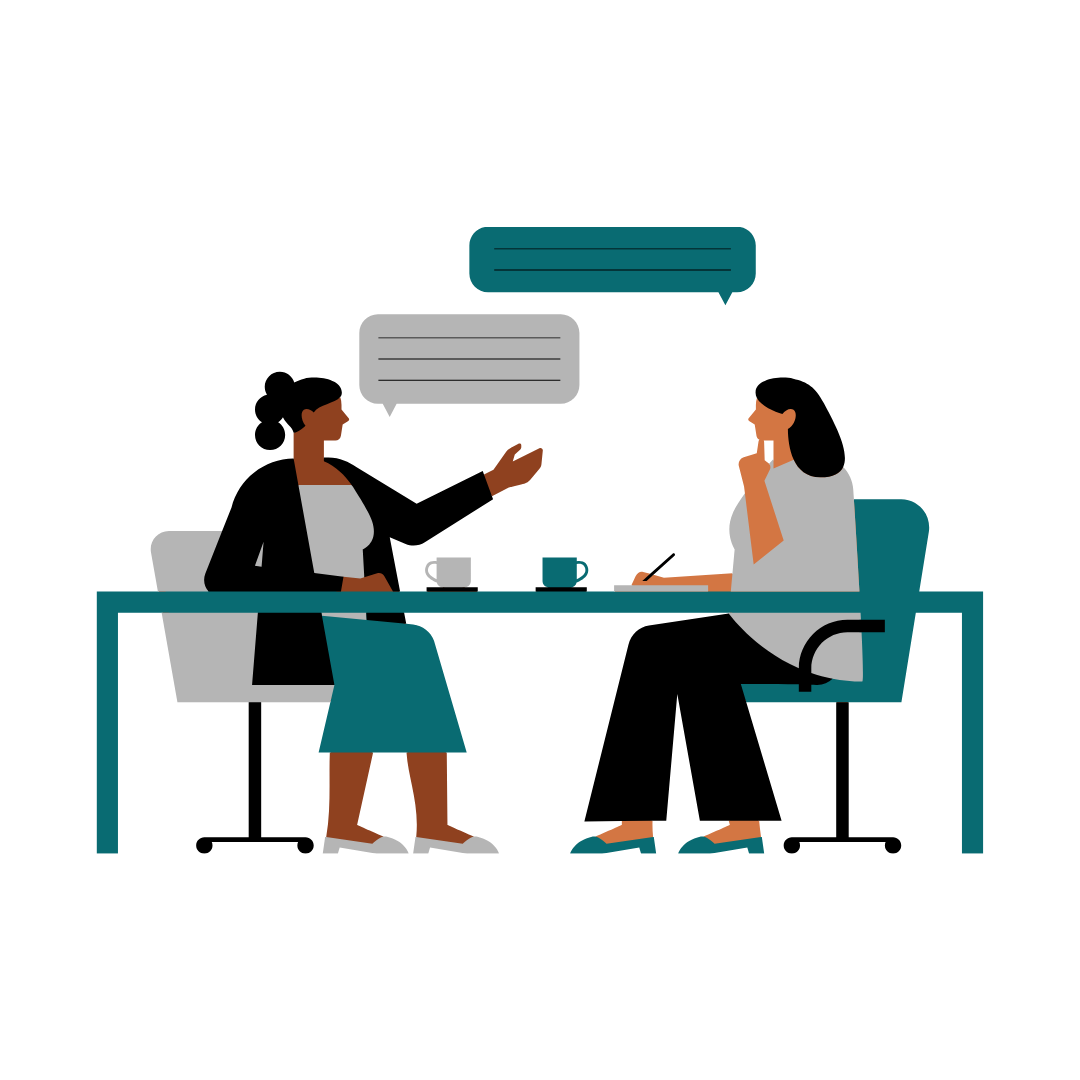 Two women having a conversation in an office setting, sitting across from each other at a desk with coffee mugs, while exchanging messages.