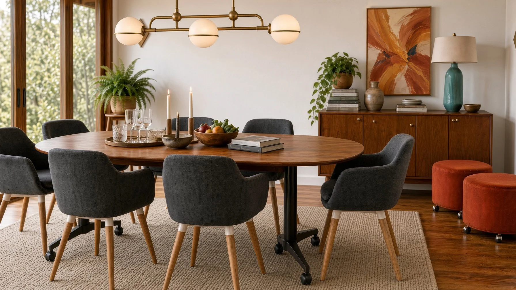 A dining room with a wooden table surrounded by eight black upholstered chairs on casters. The table has candles, glasses, a bowl of fruits, and books on it. There is a sideboard against the wall topped with decorative items, books, and a large teal 