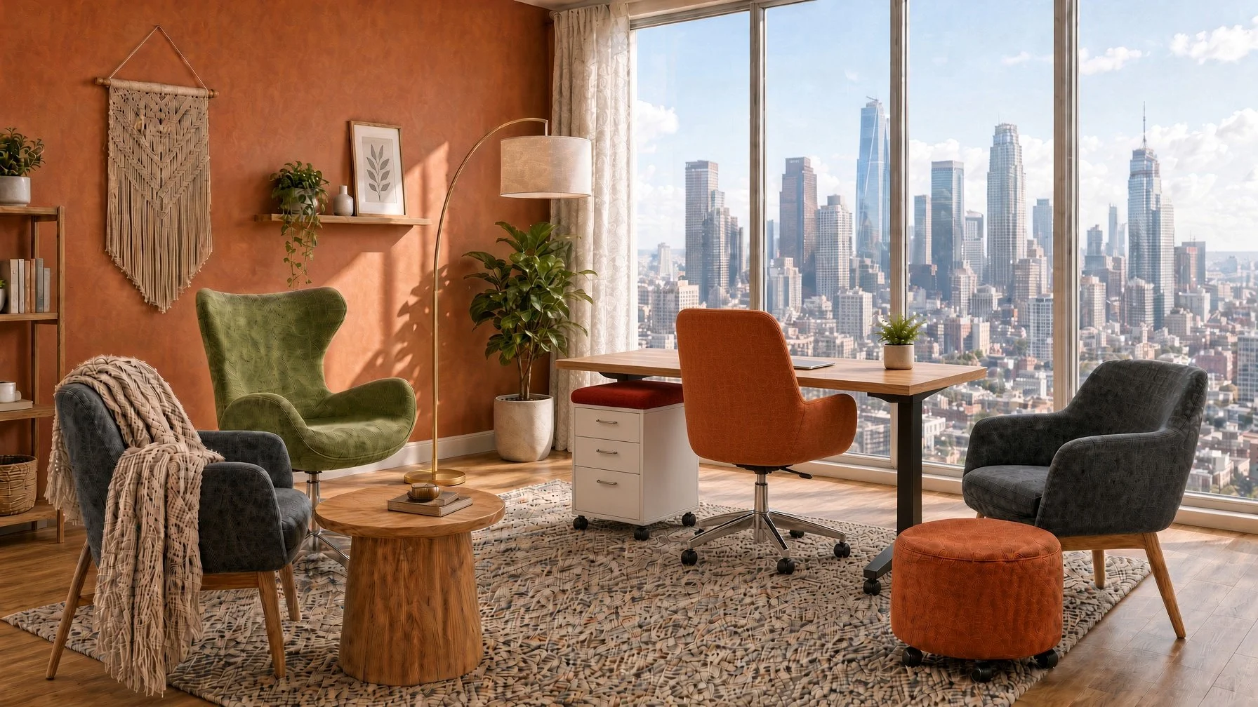 A modern office with colorful chairs, a wooden desk, a large window overlooking a city skyline, and plants and decor on the walls.