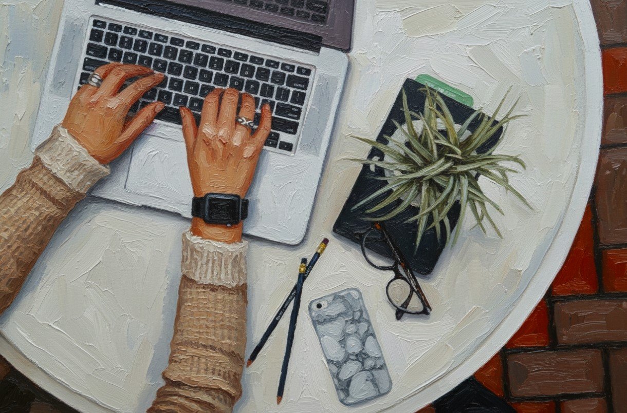 Overhead view of a person typing on a silver laptop with a black keyboard, wearing a beige knitted sweater and a smartwatch. The white round table also has a potted plant, a pair of glasses, two pencils, and a phone with a stone-patterned case. Part of a brick floor is visible around the table.