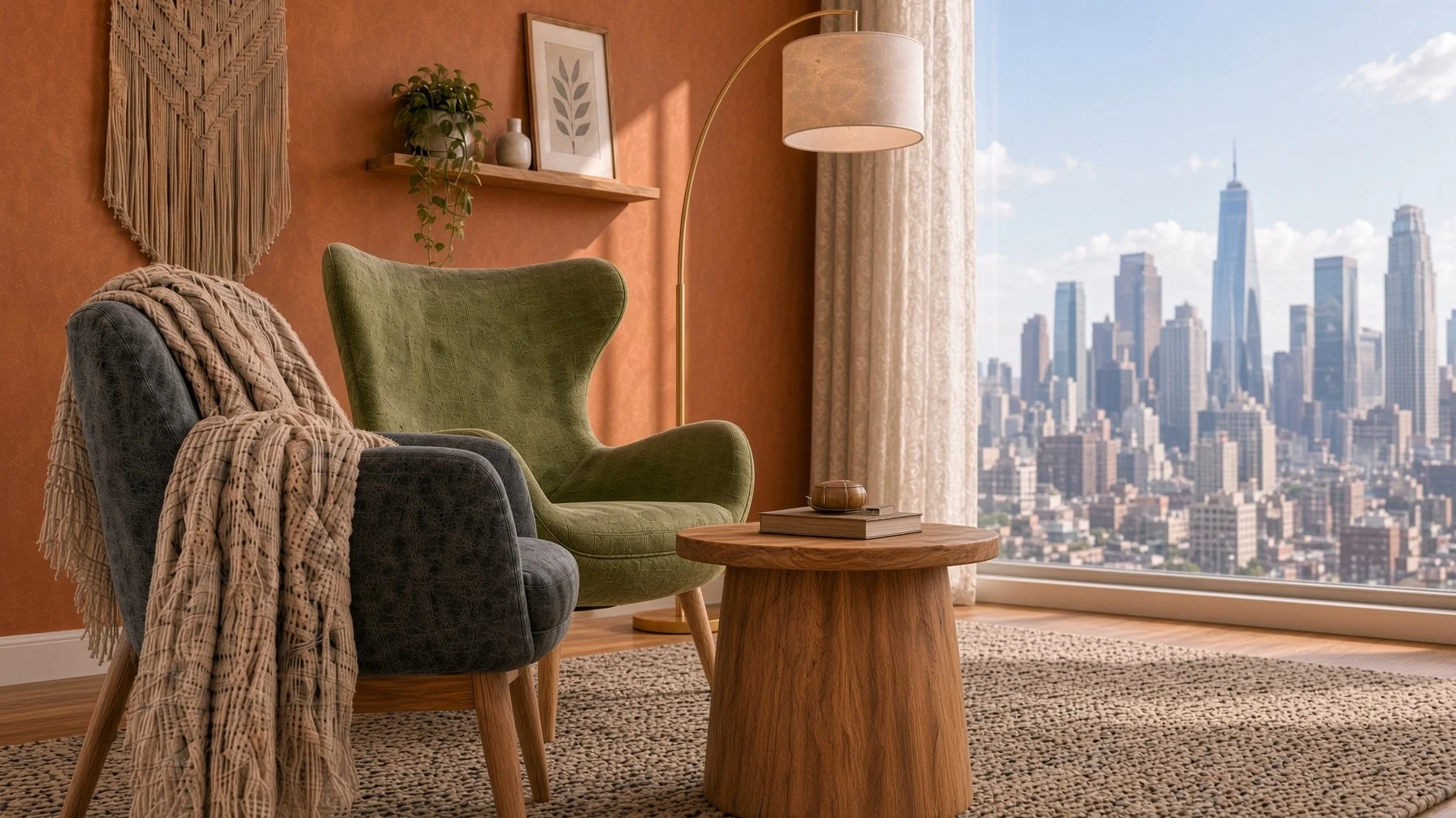 A cozy living room with two modern armchairs, one dark grey and one olive green, placed near a large window overlooking a city skyline with tall buildings and blue sky. A wooden coffee table with stacked books and a decorative object sits on a textur