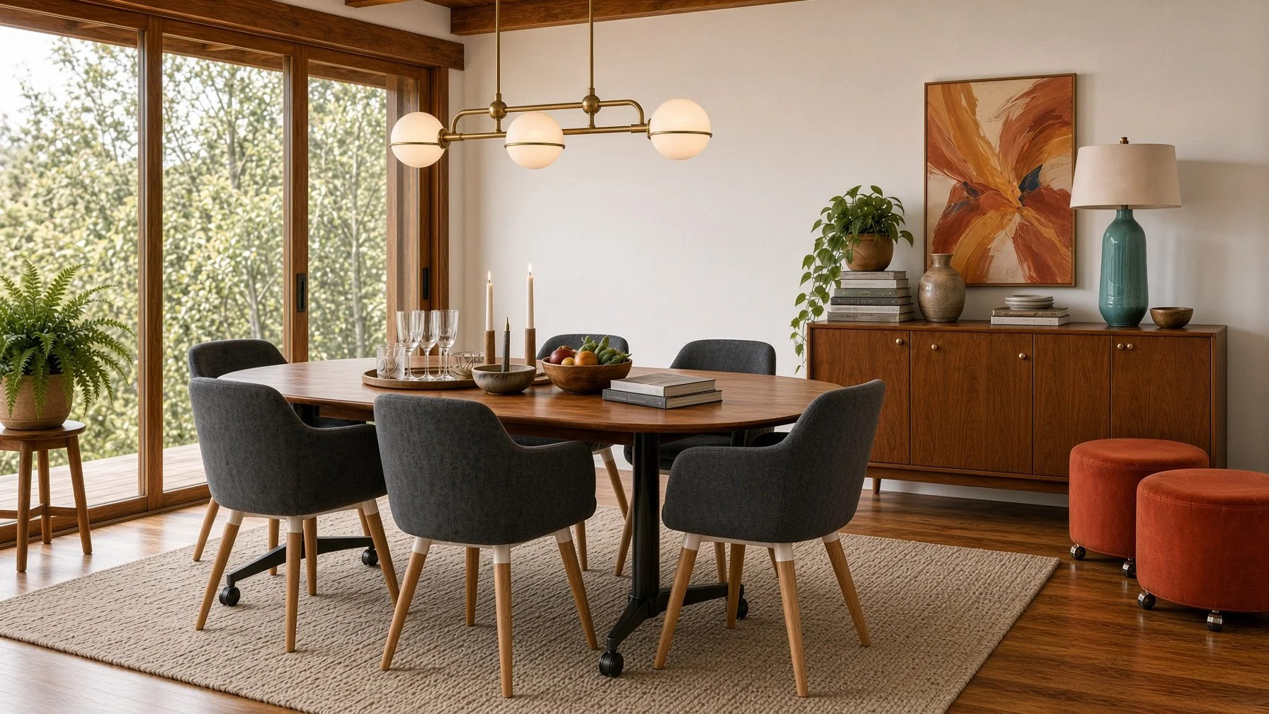 A modern dining room with a wooden dining table surrounded by six dark gray upholstered chairs with wooden legs. The table is decorated with candles, glassware, and a bowl of fruit. Large sliding glass doors reveal a view of green trees outside. On t