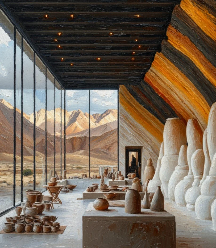 A pottery studio with terracotta pots and vases on shelves and tables, large sculptures of gourds or squash against a wall, and a panoramic window showcasing a mountain desert landscape outside.