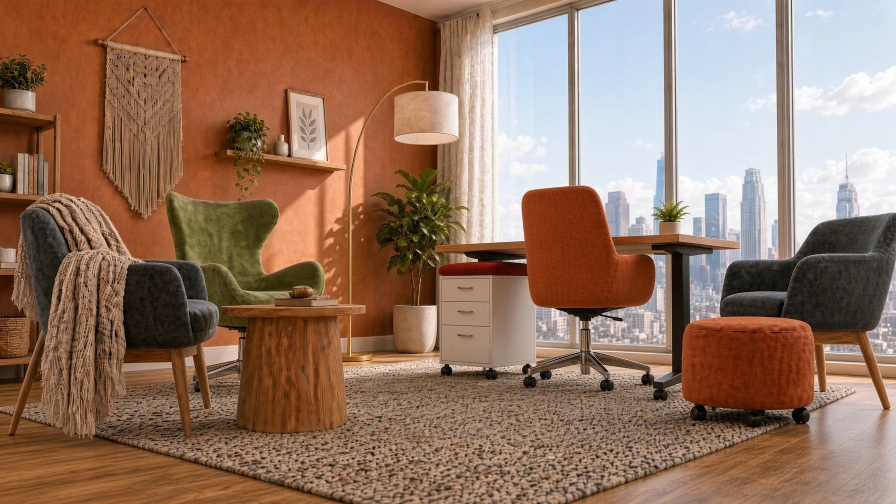 Modern office with large window overlooking city skyline, with colorful chairs, a wooden table, potted plants, and decorative wall hanging.