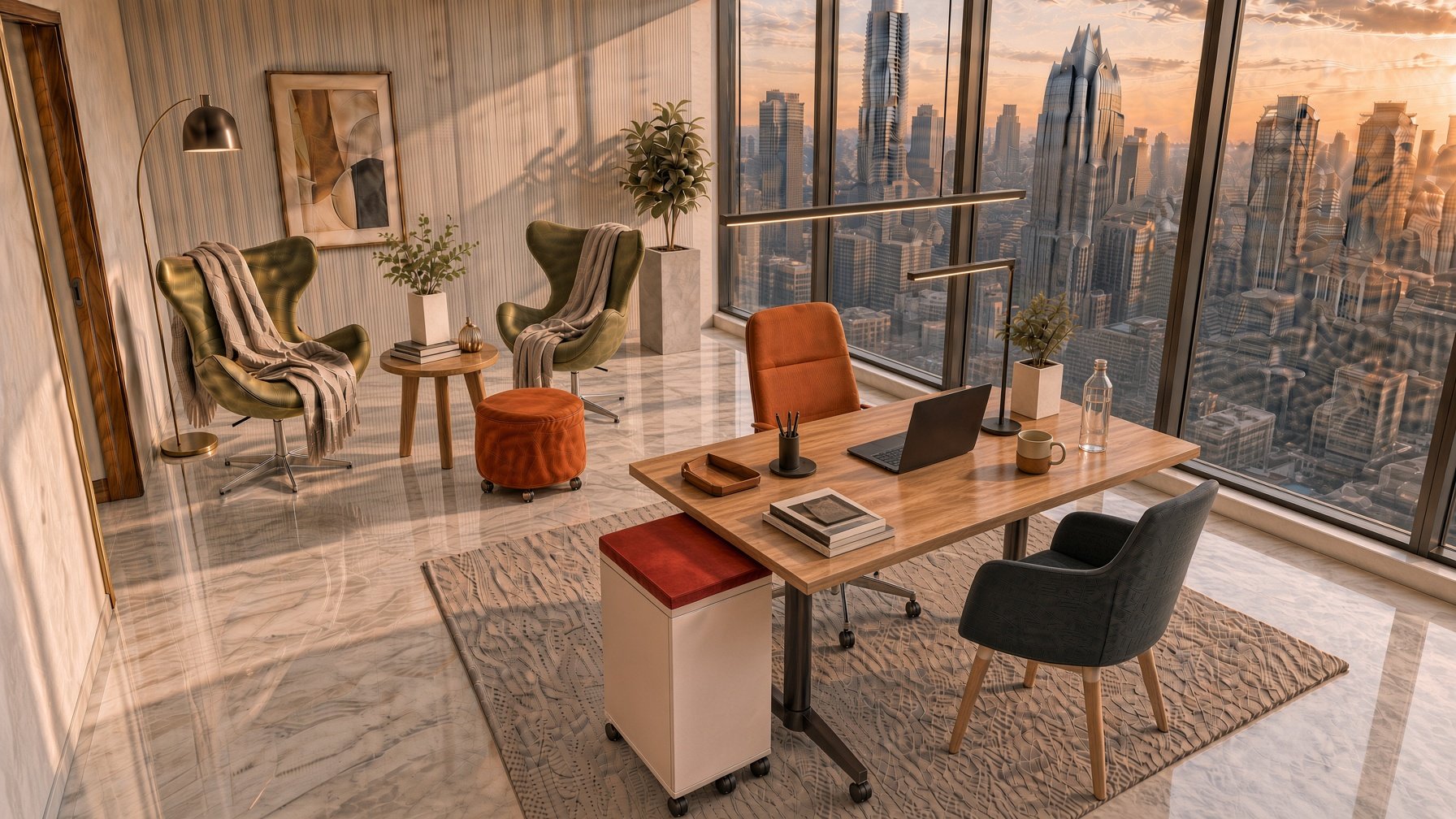 Modern office with a large wooden desk, chairs, plants, books, and a city skyline view through floor-to-ceiling windows during sunset.