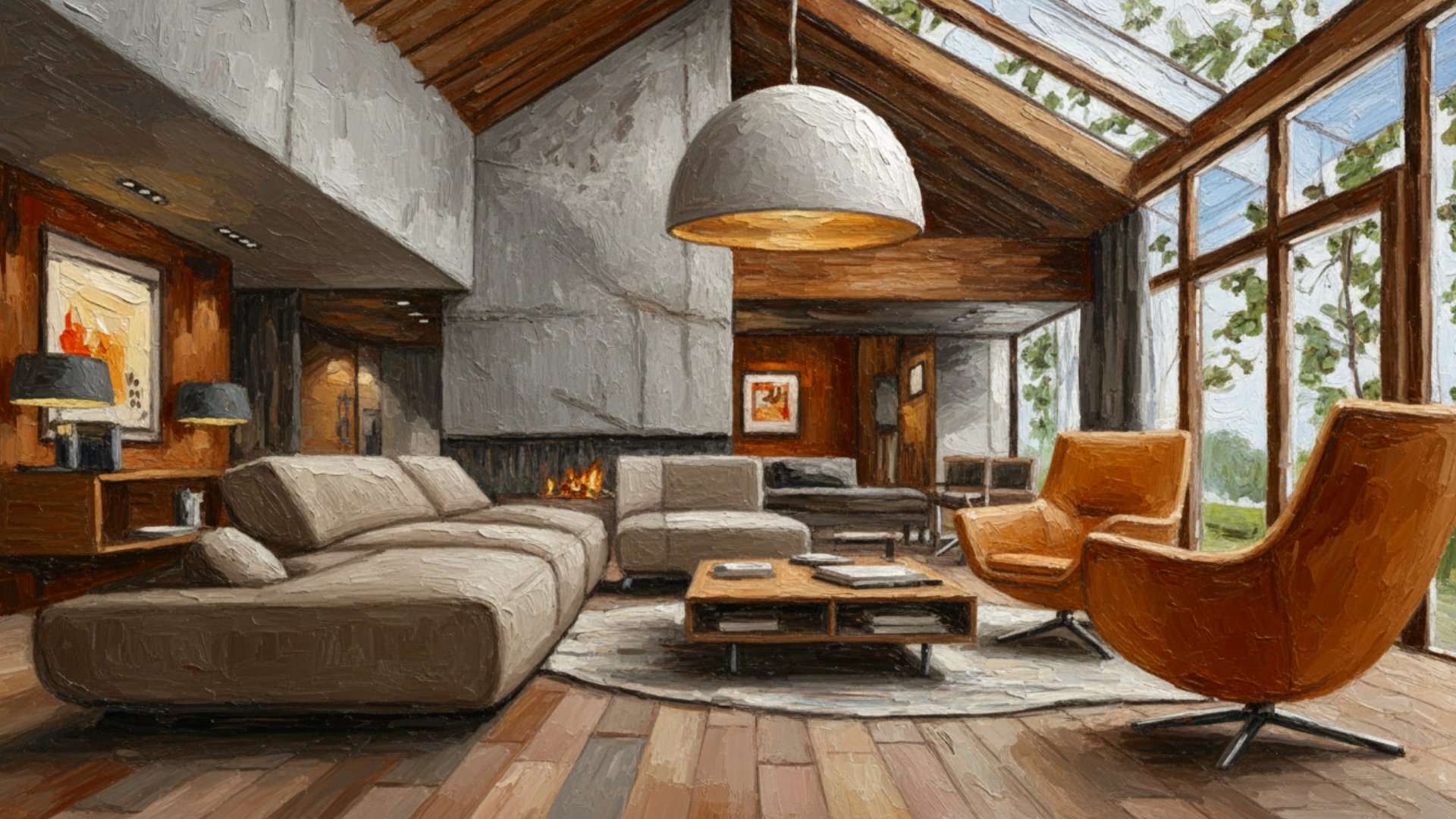A cozy living room with large windows revealing greenery outside, modern furniture including a beige sofa and two orange armchairs, a stone fireplace, and wooden walls and ceiling, creating a warm, inviting atmosphere.
