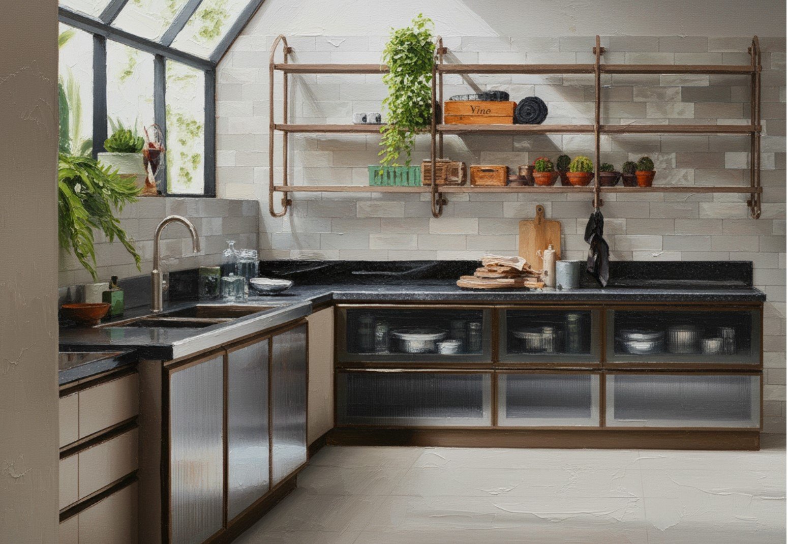 Modern kitchen with black countertops, beige cabinets with glass doors, open wooden shelves with small potted plants, cutting boards, and kitchen essentials, a window with plants outside, and a large green plant on the left side.