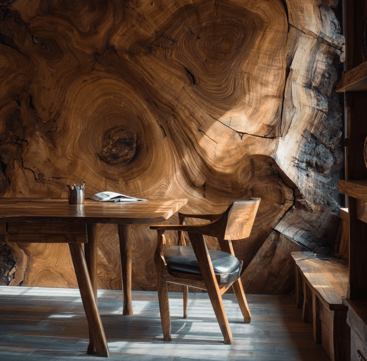 A wooden desk and chair set against a large, textured wooden wall with visible growth rings and cracks, sunlight streaming on the floor.