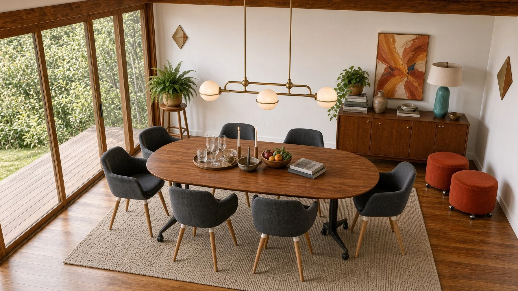 A dining room with a large wooden oval table surrounded by eight gray upholstered chairs, a beige rug, and a wooden sideboard against the wall with decorative items. There are two small orange ottomans and a large window with sliding doors opening to