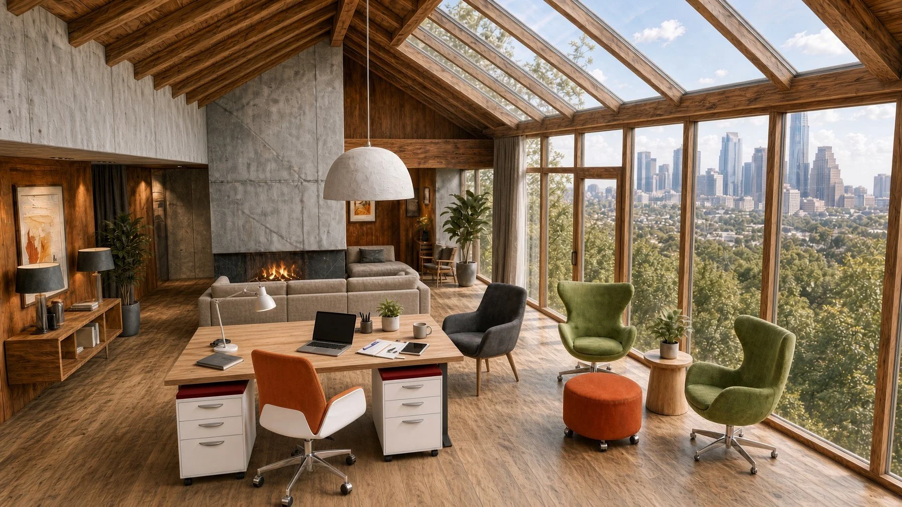 A modern home office with large glass windows showing a city skyline and trees. The room features a wooden ceiling, a fireplace, a wooden desk with office supplies, office chairs, and lounge seating with plants.