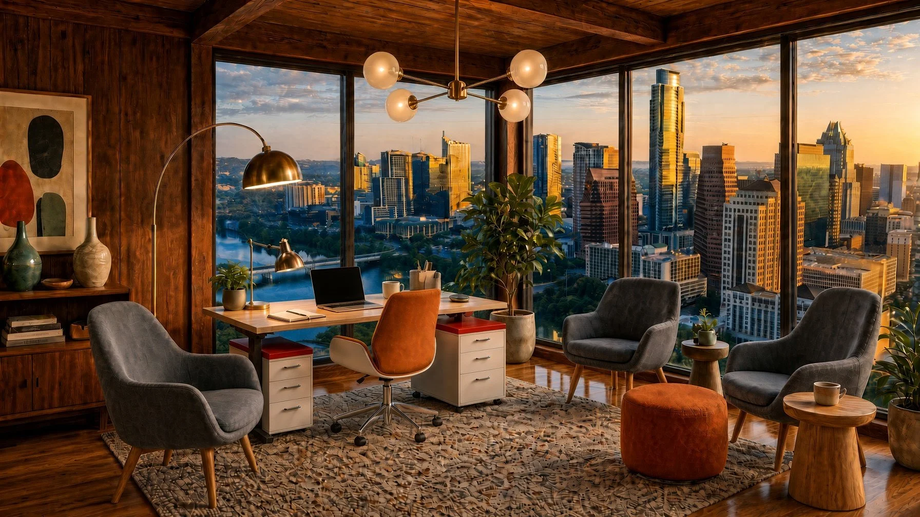 Interior of a modern office with large glass windows overlooking a city skyline at sunset. The office has a wooden ceiling and walls, a wooden desk with a laptop, books, and decorative items. There are two gray armchairs, a round orange ottoman, and 