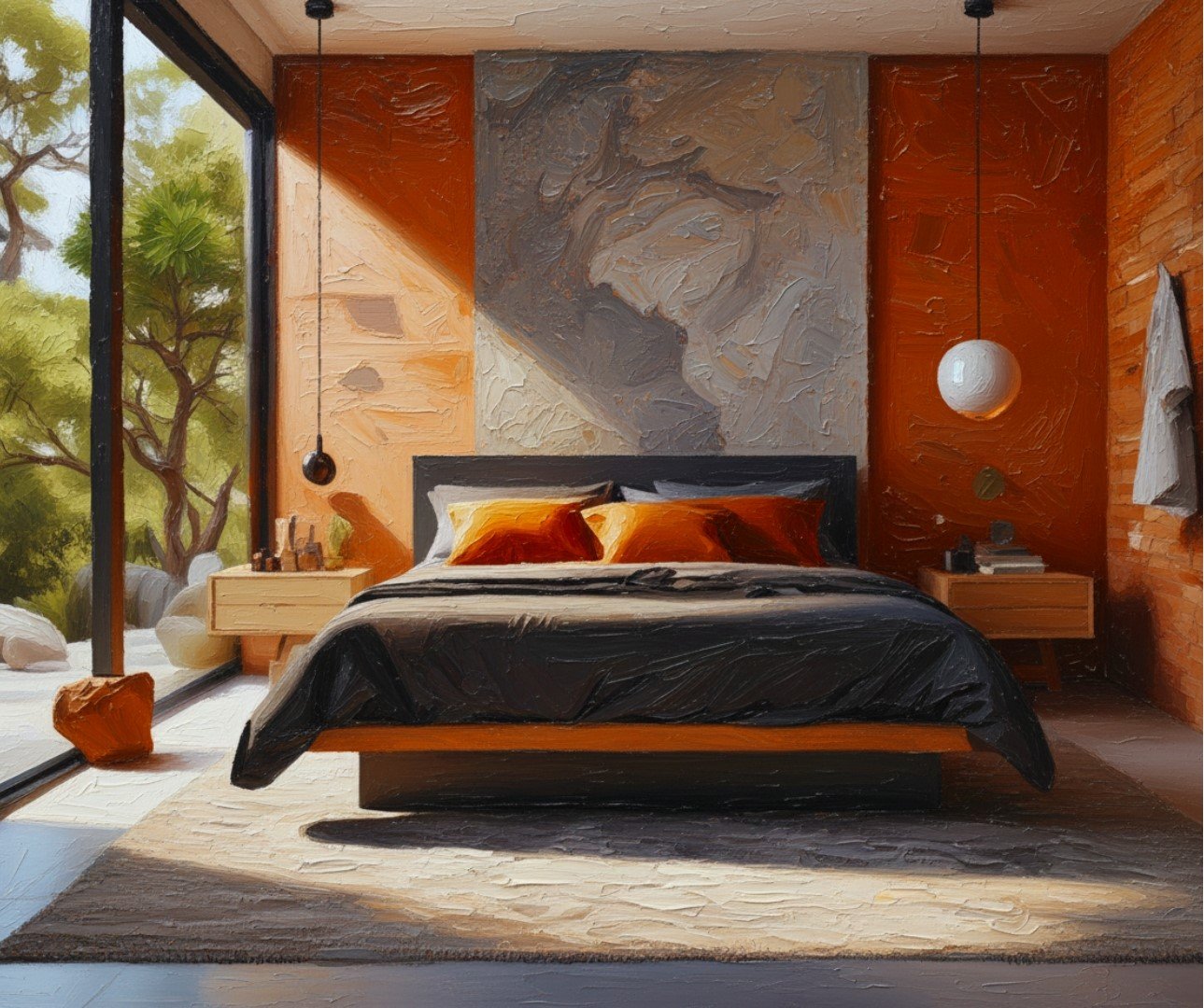 A modern bedroom with large glass window showing green trees outside. A bed with black bedding and orange pillows, two wooden nightstands with decor, and warm neutral colors on the walls and floor.