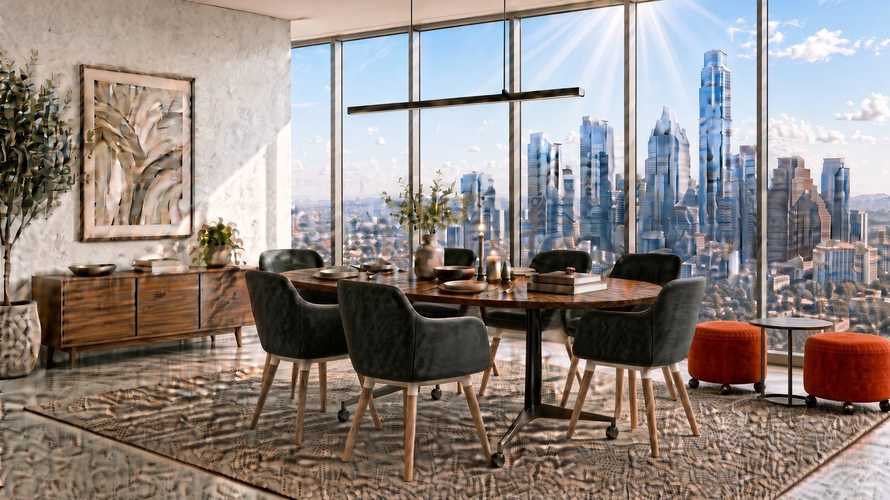 Modern high-rise city skyline visible through floor-to-ceiling windows in a stylish dining room with a wooden table, six black chairs, two orange ottomans, a patterned rug, and decorative plants and artwork.