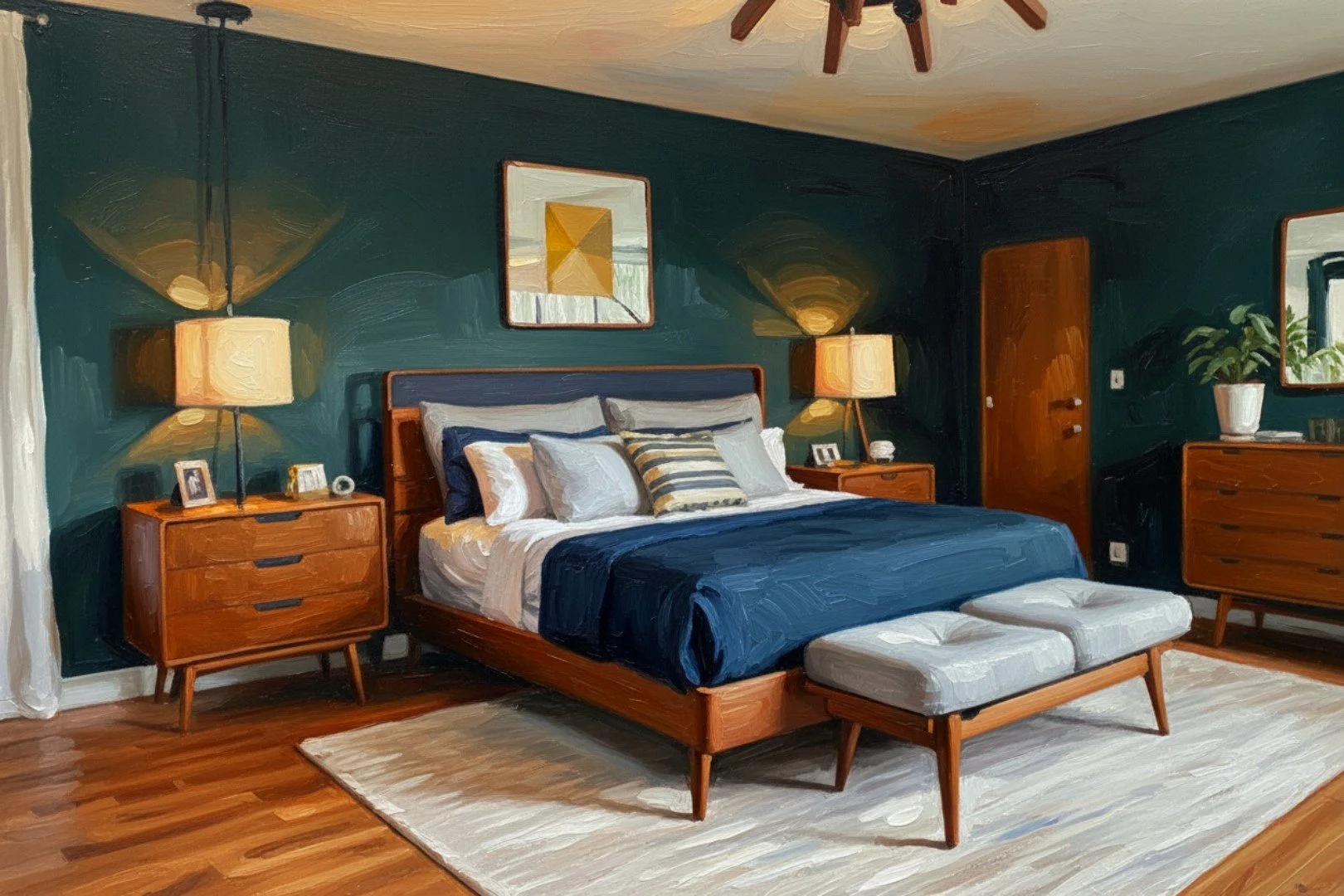 A cozy bedroom with a wooden bed frame, navy blue bedding, and multiple pillows, flanked by two matching wooden nightstands with lamps. There's a beige rug on wooden floor, a mirror and a plant, with dark green walls and artwork on the wall.