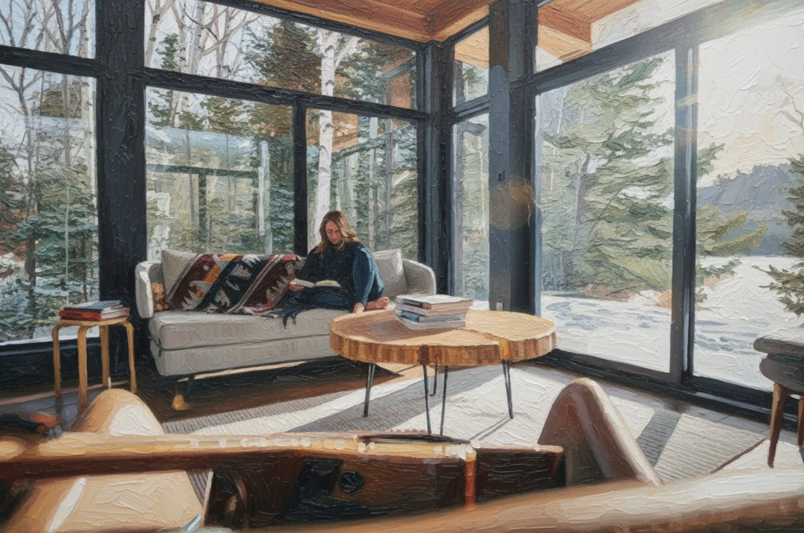 A woman sitting on a sofa reading a book inside a room with large glass windows showing snow and trees outside.